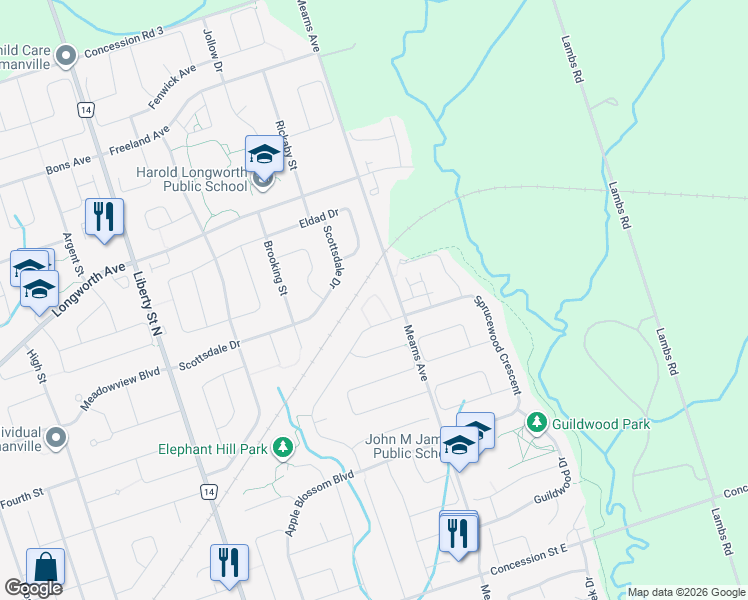 map of restaurants, bars, coffee shops, grocery stores, and more near 42 Brent Crescent in Bowmanville