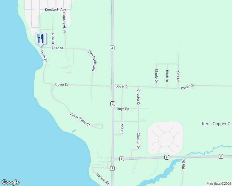 map of restaurants, bars, coffee shops, grocery stores, and more near 2256 County Road Z in Friendship