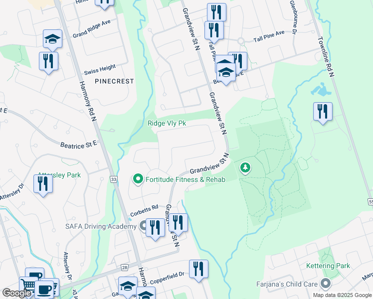 map of restaurants, bars, coffee shops, grocery stores, and more near 1021 Sandcliff Drive in Oshawa