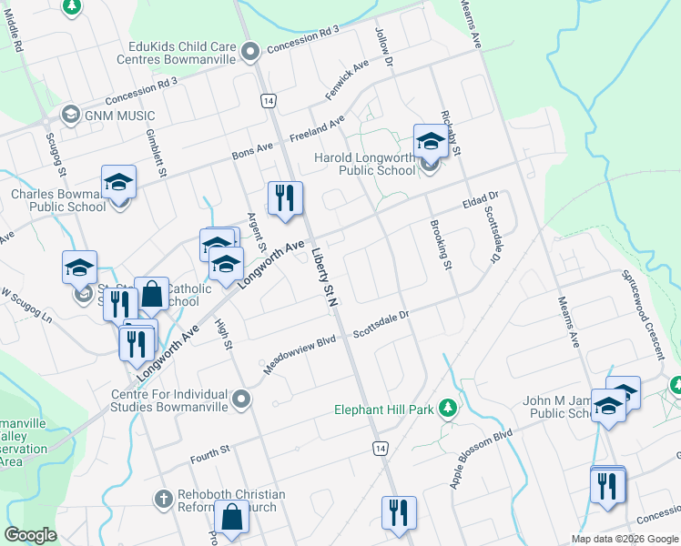 map of restaurants, bars, coffee shops, grocery stores, and more near 111 Courvier Crescent in Bowmanville