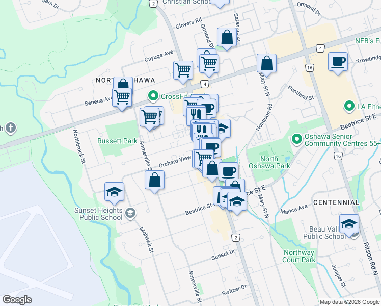 map of restaurants, bars, coffee shops, grocery stores, and more near 36 Orchard View Boulevard in Oshawa
