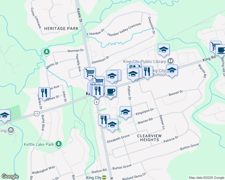 map of restaurants, bars, coffee shops, grocery stores, and more near 2195 King Road in King City