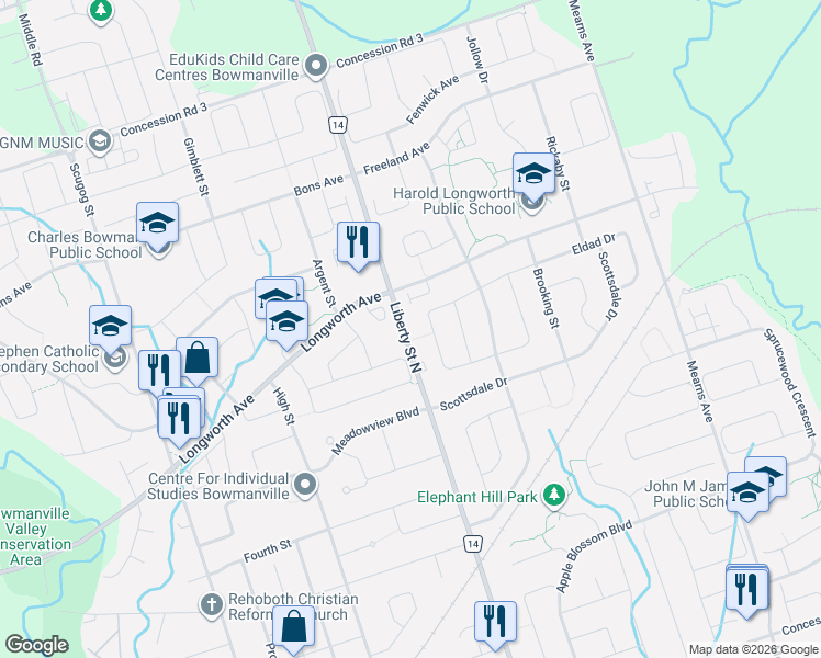 map of restaurants, bars, coffee shops, grocery stores, and more near 267 Liberty Street North in Bowmanville