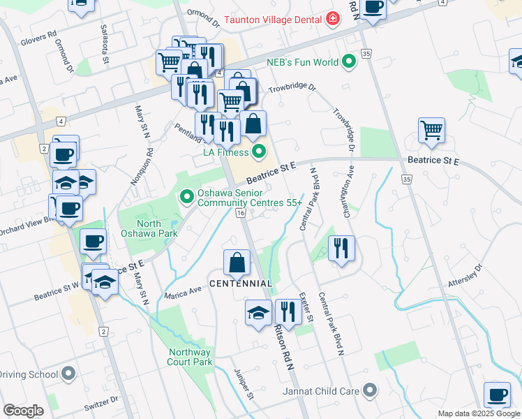 map of restaurants, bars, coffee shops, grocery stores, and more near in Oshawa
