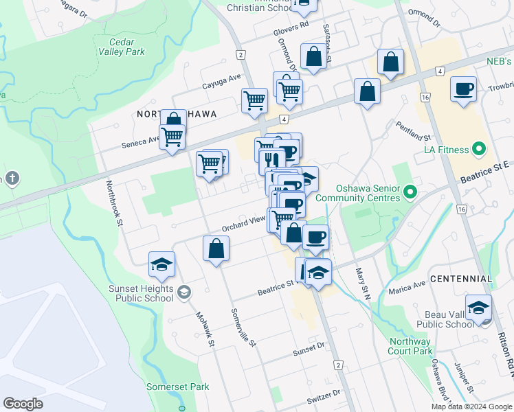 map of restaurants, bars, coffee shops, grocery stores, and more near in Oshawa