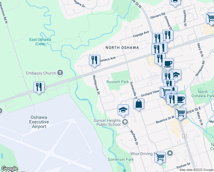 map of restaurants, bars, coffee shops, grocery stores, and more near in Oshawa