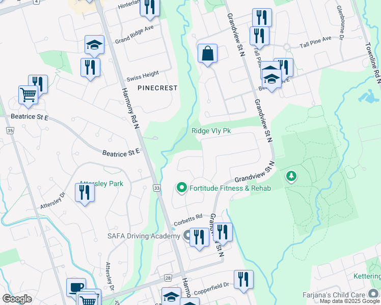 map of restaurants, bars, coffee shops, grocery stores, and more near 905 Royal Orchard Drive in Oshawa
