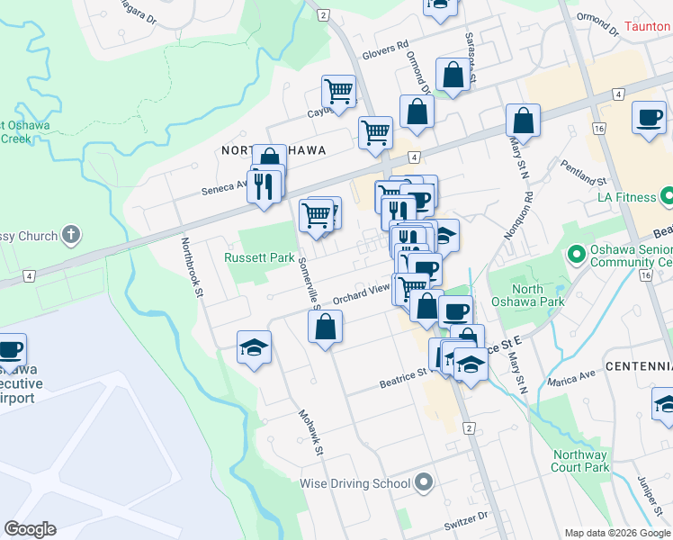 map of restaurants, bars, coffee shops, grocery stores, and more near 94 Wayne Avenue in Oshawa