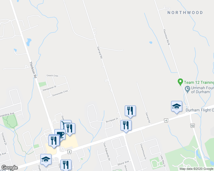 map of restaurants, bars, coffee shops, grocery stores, and more near 4310 Garrard Road in Whitby