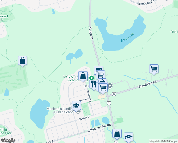 map of restaurants, bars, coffee shops, grocery stores, and more near 19 Vandervoort Drive in Richmond Hill
