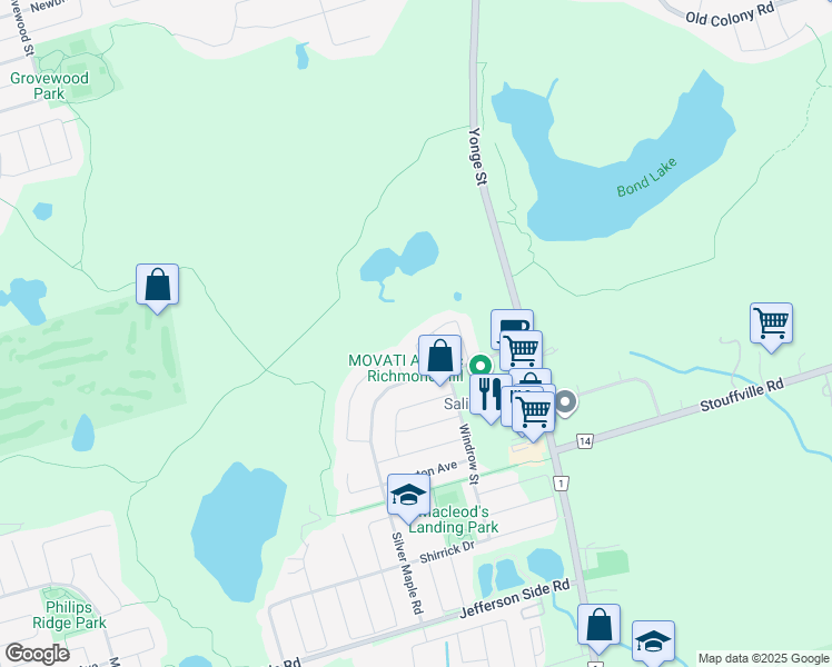 map of restaurants, bars, coffee shops, grocery stores, and more near 53 Vandervoort Drive in Richmond Hill