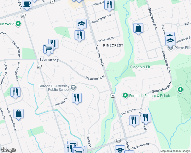 map of restaurants, bars, coffee shops, grocery stores, and more near 852 Beatrice Street East in Oshawa