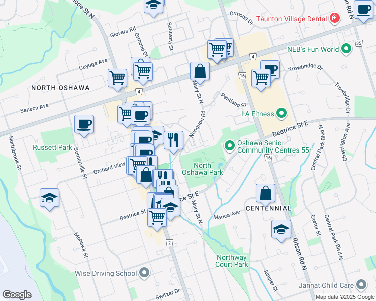 map of restaurants, bars, coffee shops, grocery stores, and more near 97 Nonquon Road in Oshawa