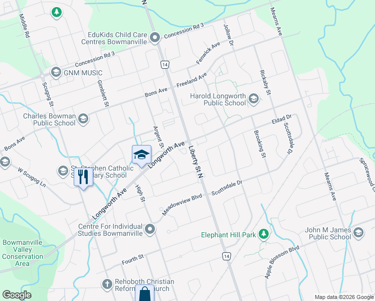 map of restaurants, bars, coffee shops, grocery stores, and more near 571 Longworth Avenue in Bowmanville