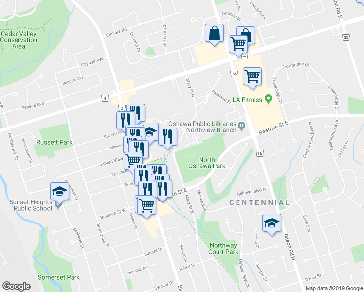 map of restaurants, bars, coffee shops, grocery stores, and more near in Oshawa