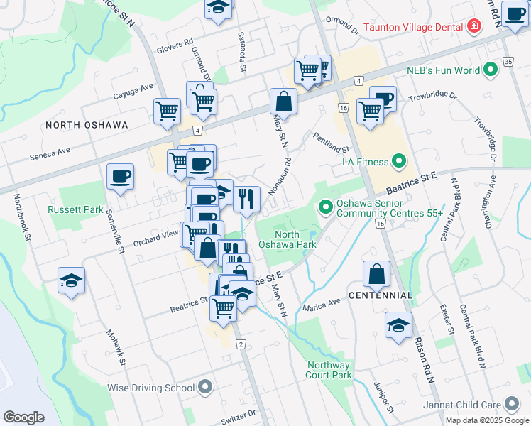 map of restaurants, bars, coffee shops, grocery stores, and more near 97 Nonquon Road in Oshawa