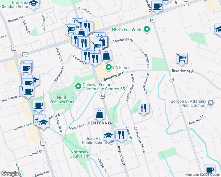 map of restaurants, bars, coffee shops, grocery stores, and more near in Oshawa