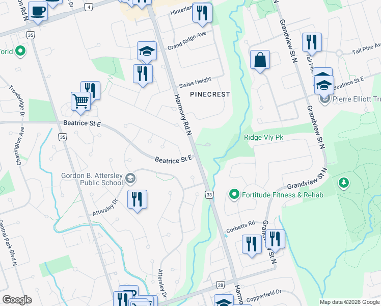 map of restaurants, bars, coffee shops, grocery stores, and more near 970 Harmony Road North in Oshawa