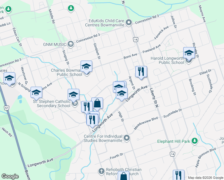 map of restaurants, bars, coffee shops, grocery stores, and more near 61 Willey Drive in Clarington