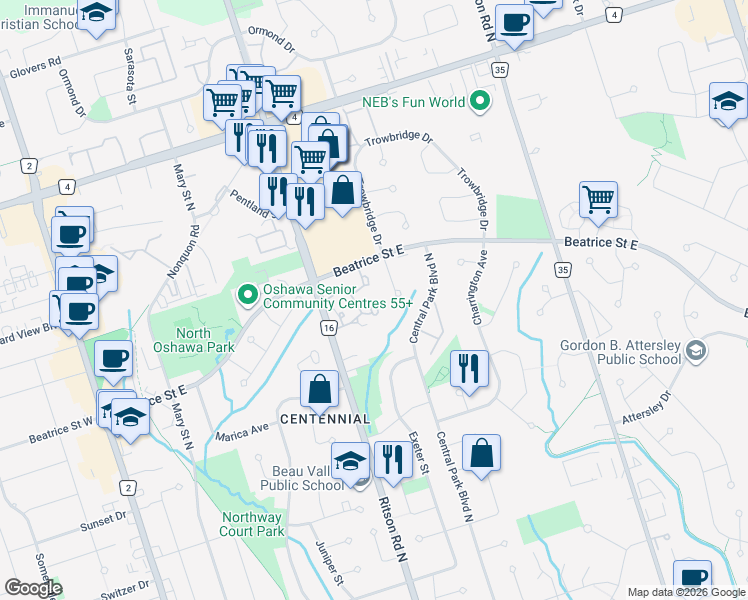 map of restaurants, bars, coffee shops, grocery stores, and more near 1133 Ritson Road North in Oshawa