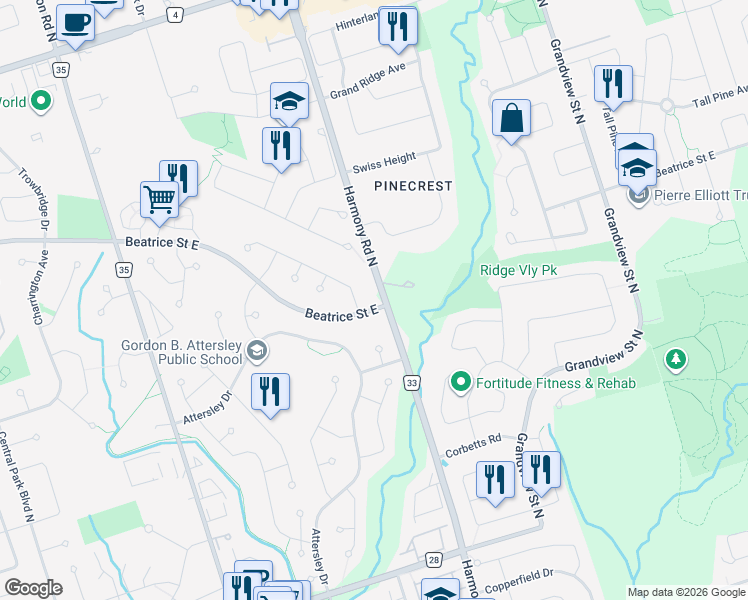 map of restaurants, bars, coffee shops, grocery stores, and more near 970 Harmony Road North in Oshawa