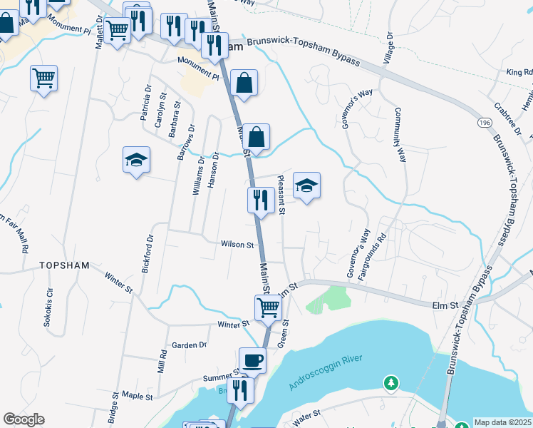 map of restaurants, bars, coffee shops, grocery stores, and more near 34 Pleasant Street in Topsham
