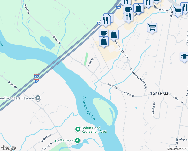 map of restaurants, bars, coffee shops, grocery stores, and more near 63 River Road in Topsham