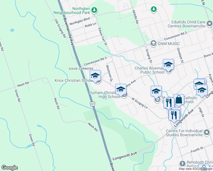 map of restaurants, bars, coffee shops, grocery stores, and more near 396 North Scugog Court in Bowmanville