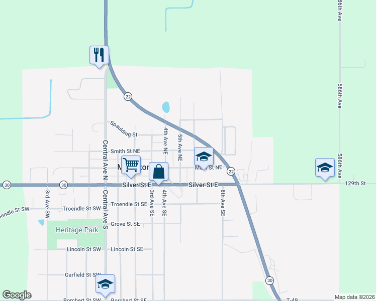map of restaurants, bars, coffee shops, grocery stores, and more near 604 Smith Street Northeast in Mapleton