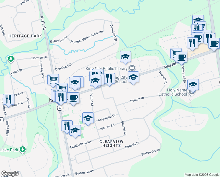 map of restaurants, bars, coffee shops, grocery stores, and more near 2072 King Road in King City