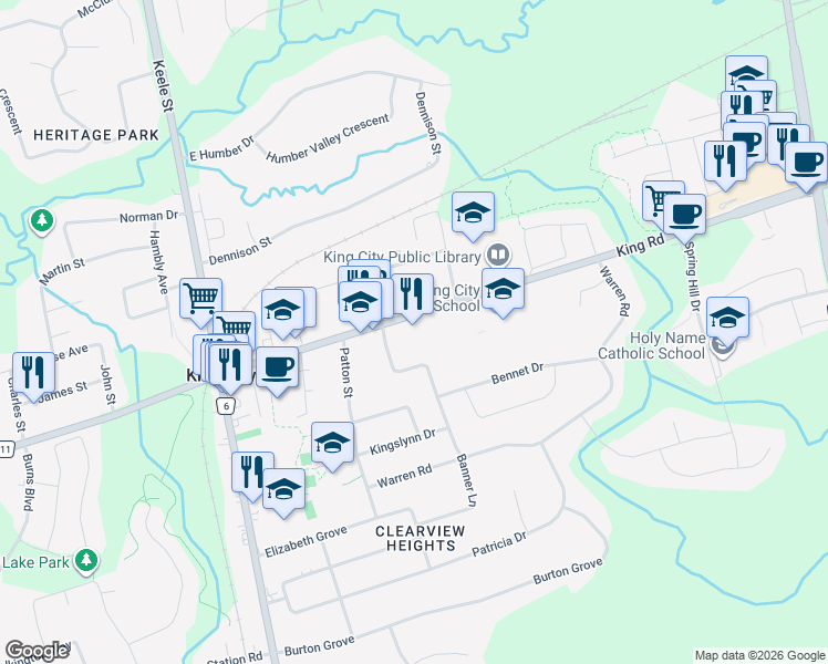 map of restaurants, bars, coffee shops, grocery stores, and more near 2075 King Road in King City