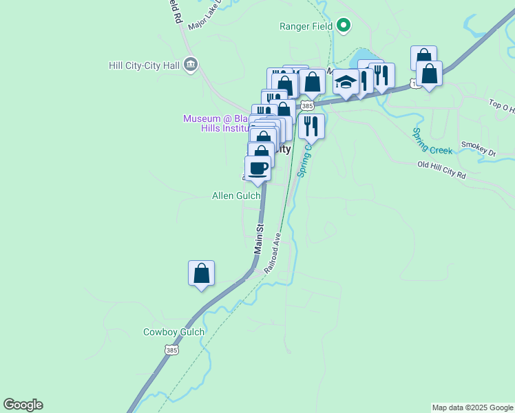map of restaurants, bars, coffee shops, grocery stores, and more near 349 Main Street in Hill City