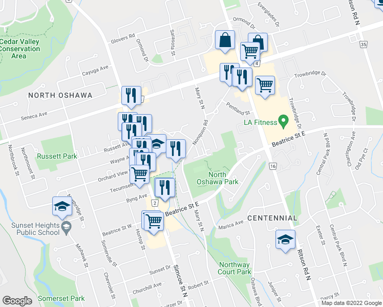 map of restaurants, bars, coffee shops, grocery stores, and more near 105 Nonquon Road in Oshawa