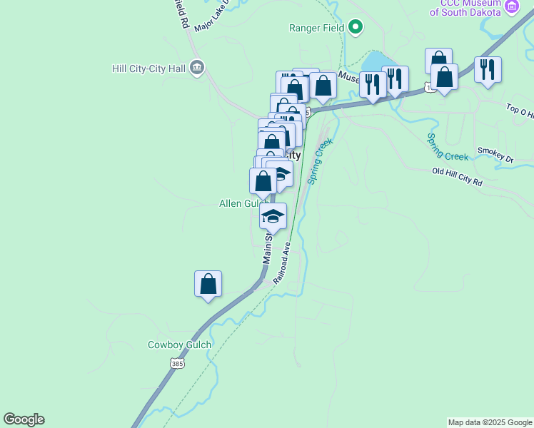 map of restaurants, bars, coffee shops, grocery stores, and more near 349 Main Street in Hill City