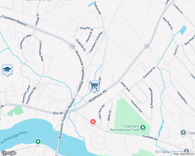 map of restaurants, bars, coffee shops, grocery stores, and more near 36 Tedford Road in Topsham