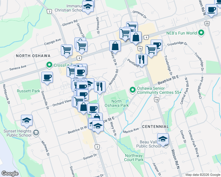 map of restaurants, bars, coffee shops, grocery stores, and more near 111 Nonquon Road in Oshawa