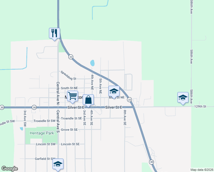 map of restaurants, bars, coffee shops, grocery stores, and more near 604 Smith Street Northeast in Mapleton