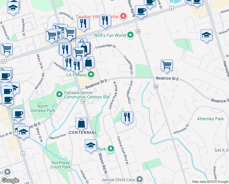 map of restaurants, bars, coffee shops, grocery stores, and more near 1126 Central Park Boulevard North in Oshawa