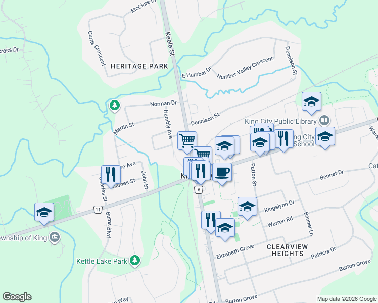 map of restaurants, bars, coffee shops, grocery stores, and more near 13066 Keele Street in King City