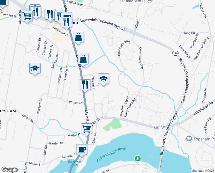 map of restaurants, bars, coffee shops, grocery stores, and more near 19 Perkins Street in Topsham