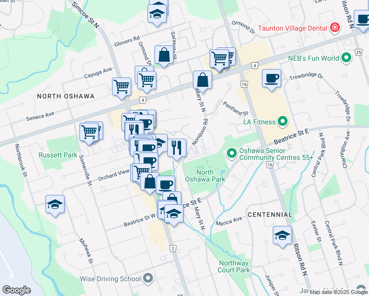 map of restaurants, bars, coffee shops, grocery stores, and more near in Oshawa