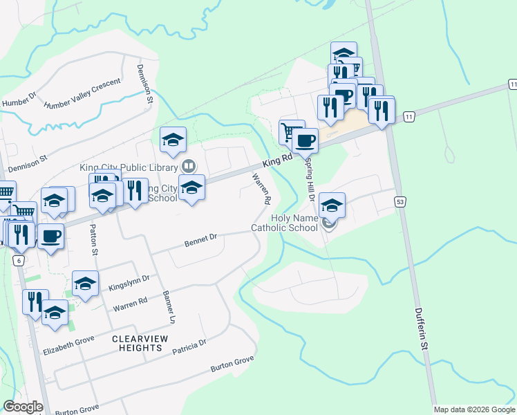 map of restaurants, bars, coffee shops, grocery stores, and more near 445 Warren Road in King City