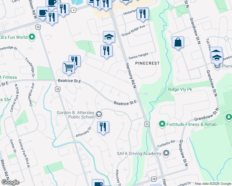 map of restaurants, bars, coffee shops, grocery stores, and more near 818 Buttonbush Court in Oshawa