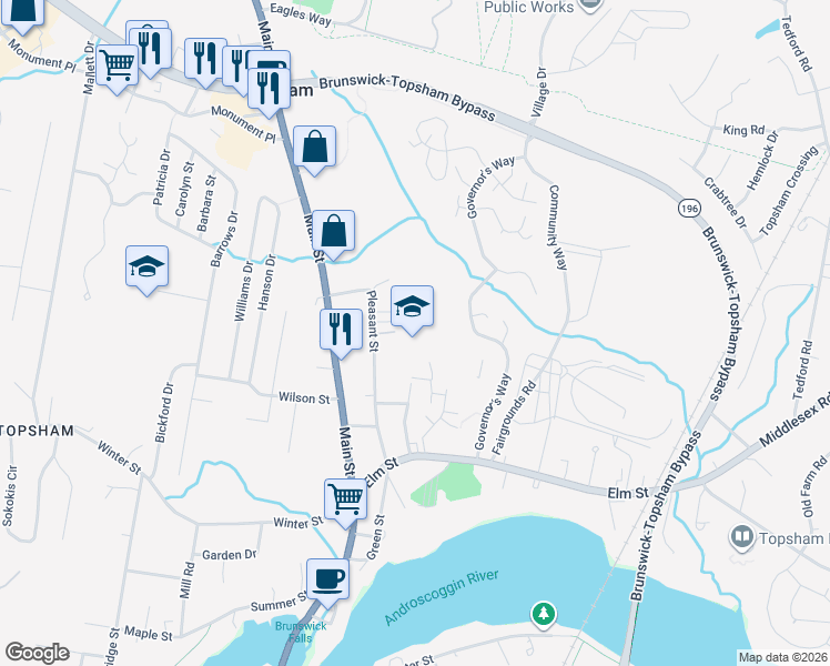 map of restaurants, bars, coffee shops, grocery stores, and more near 19 Perkins Street in Topsham