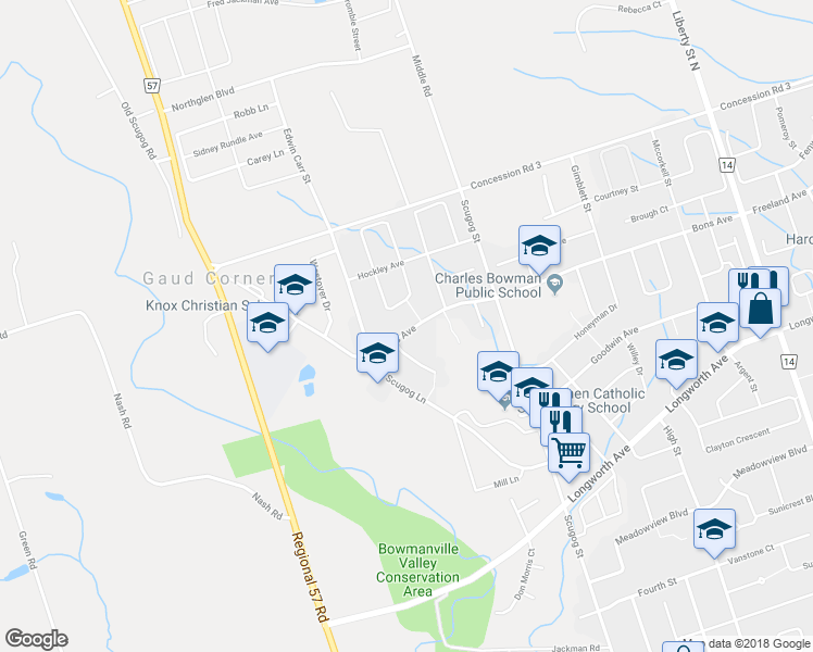 map of restaurants, bars, coffee shops, grocery stores, and more near 328 Bons Avenue in Bowmanville