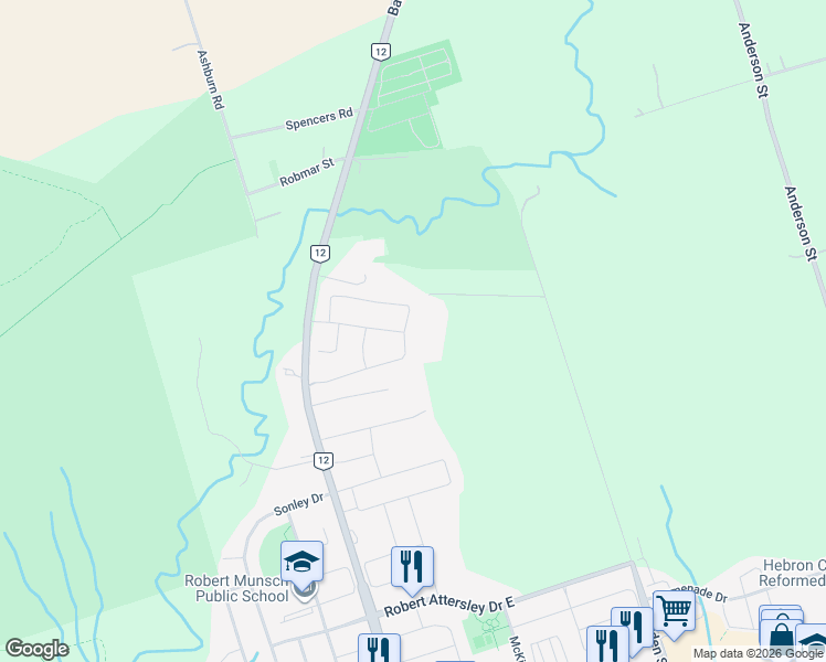 map of restaurants, bars, coffee shops, grocery stores, and more near 74 Florence Drive in Whitby
