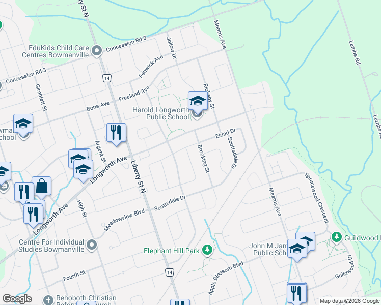 map of restaurants, bars, coffee shops, grocery stores, and more near 131 William Cowles Drive in Bowmanville
