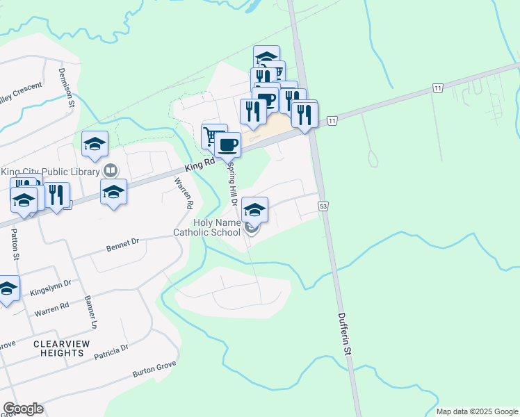 map of restaurants, bars, coffee shops, grocery stores, and more near 53 Lilly Valley Crescent in King City
