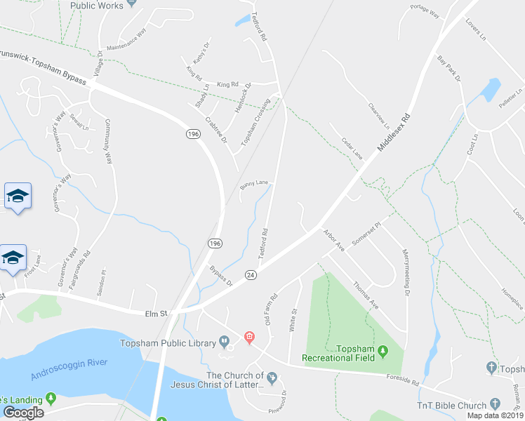 map of restaurants, bars, coffee shops, grocery stores, and more near 36 Tedford Road in Topsham