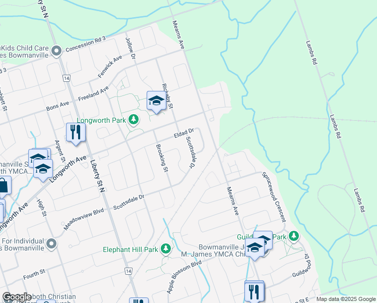 map of restaurants, bars, coffee shops, grocery stores, and more near 65 Stephens Gulch Drive in Bowmanville